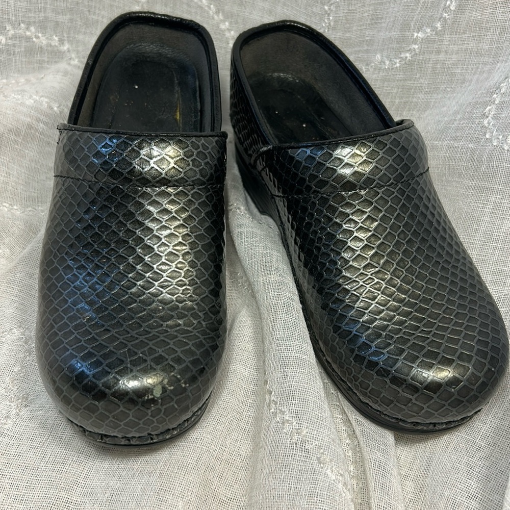 Dansko silver scales leather clogs